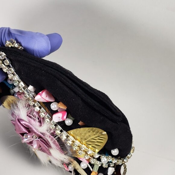 Black Coin Purse with Pink Satin Flower, Gems & Gold Leaf – Statement Mini Bag - Picture 11 of 11